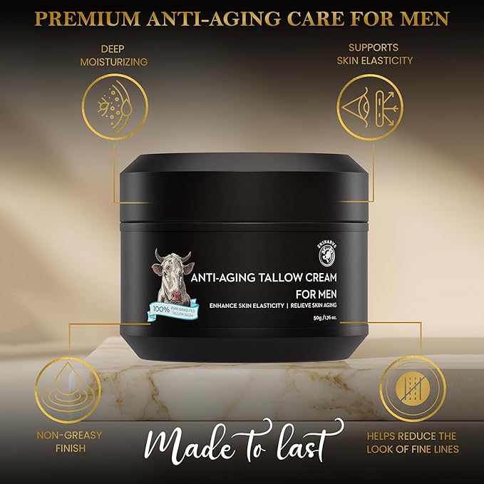 Wrinkle Defense Beef Tallow Balm for Men, Tallow Balm for Skin - Moisturizer for Face - Hydrating Anti Aging Skin Cream - Natural Facial Skincare Lotion with Essential Oils (1.7 OZ)