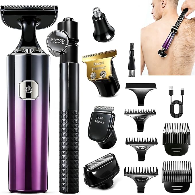 Electric Mens Back Shaver Body Trimmer Hair Groomer 5 in 1 Kit with Extendable Auxiliary Arm Waterproof Facial,Chin,Arm,Back,Pubic Hair Trimmer Grooming Set，Multi-Functional Back Trimmer for Men
