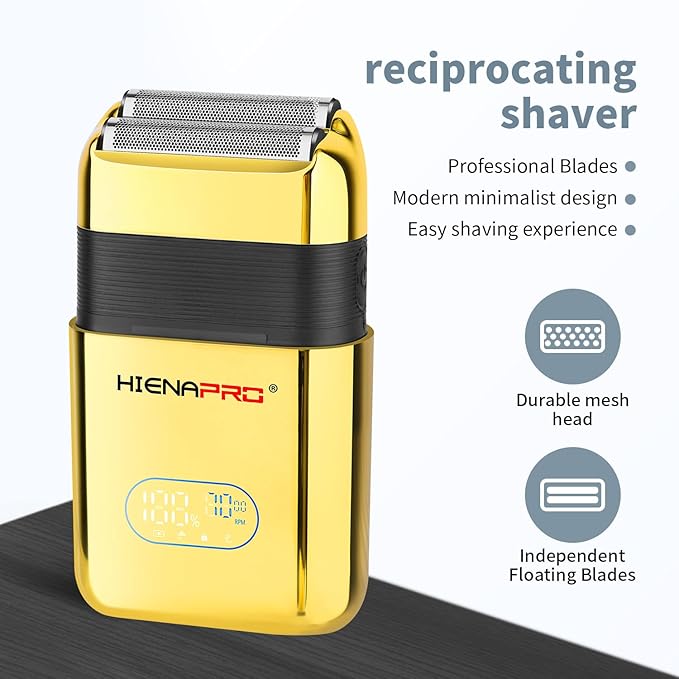 HIENA PRO Reciprocating Electric Foil Shaver for Men, Cordless Professional Bald Head Precision Trimmer & Beard Trimmer, Foil Shaver with LED, Gifts for Men(Gold)