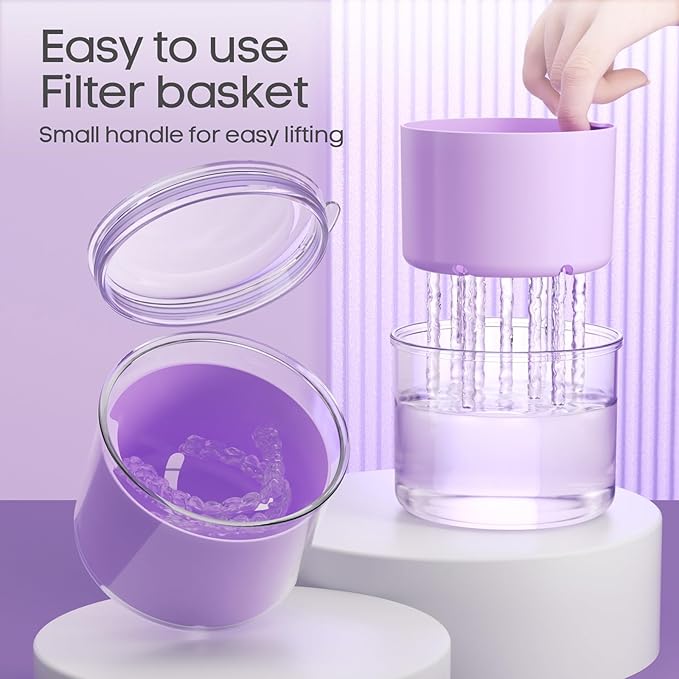 Denture Bath Cup with Cleaning Brush, Large Soaking Container with Strainer Basket for False Teeth & Night Guard, Oral Care Storage Holder for Home Use, Purple