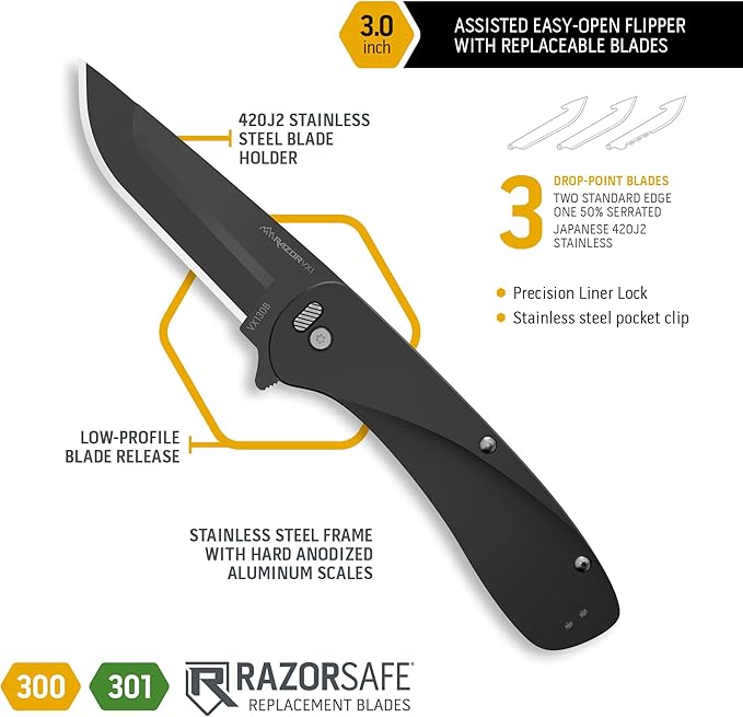 OUTDOOR EDGE RAZOR VX1 | Replaceable Blade Assisted EDC Folding Pocket Knife | 3" Stainless Blade, Black Anodized Aluminum Handle, Reversible Pocket Clip | Outdoor, Camping, Survival, Utility
