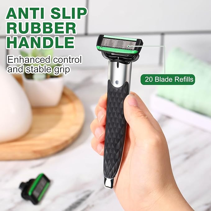 22 Pcs Disposable Men's Razors Set Refillable 7-blade Sensitive Skin Razor Kit for a Comfortable Shave, 1 Handle and 21 Cartridges