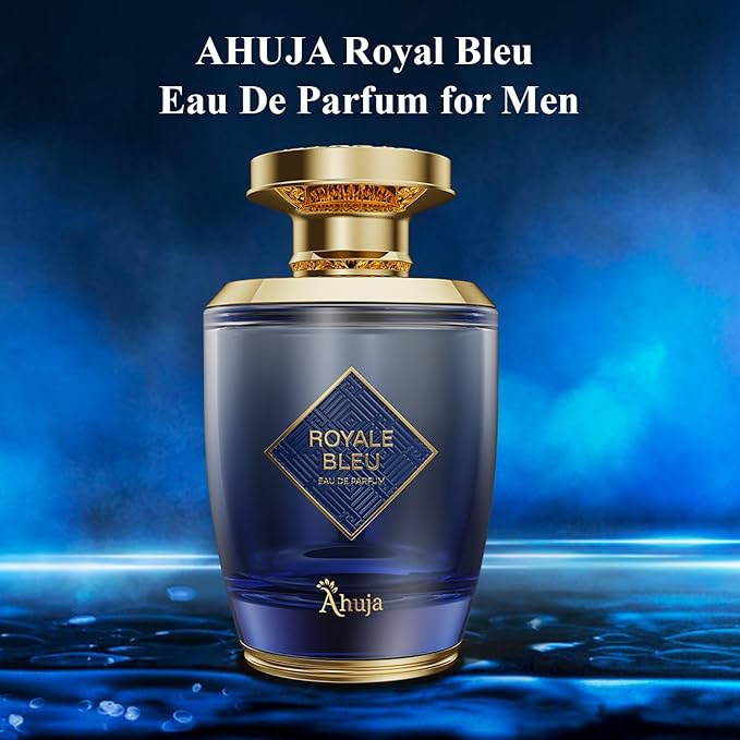 AHUJA Royal Bleu Eau De Parfum for Men 3.4 fl oz – Long Lasting Fresh Citrus, Grapefruit & Ginger Scent w/Deep Woody Notes – Elegant Daily Wear Perfume & Gift