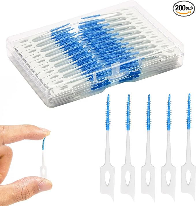 Dental Floss Picks, 200 Count, Soft Rubber Brush Head, Interdental Brushes with Convenient Carry Case,Dual-Ended Toothpick Travel Teeth Cleaning Tools (Blue)