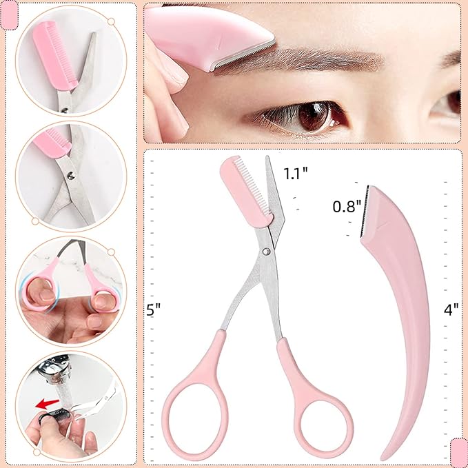 ONEUPIN 6PCS Curved Eyebrow Trimmer Set Stainless Steel Razor Scissors With Comb, Beauty Tool for Beginners, Suitable for Any Skin Type, Hair Removal Accessories for Men Women