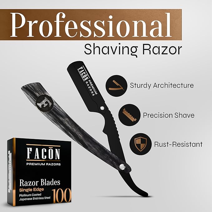 Facón Straight Razors for Men - Professional Barber Straight Edge Razor Kit with 100 Blades, Wooden Stainless Steel Barbero Shaver for a Smooth & Precise Shave, Premium Barber Razor for Men's Shaving