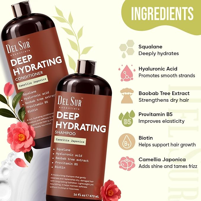 DEL SUR Hydrating Shampoo and Conditioner Set | 16 fl oz Each | with Camellia Japonica, Squalane, Hyaluronic Acid, Baobab Extract & Biotin | Deep Moisture for Dry, Damaged Hair