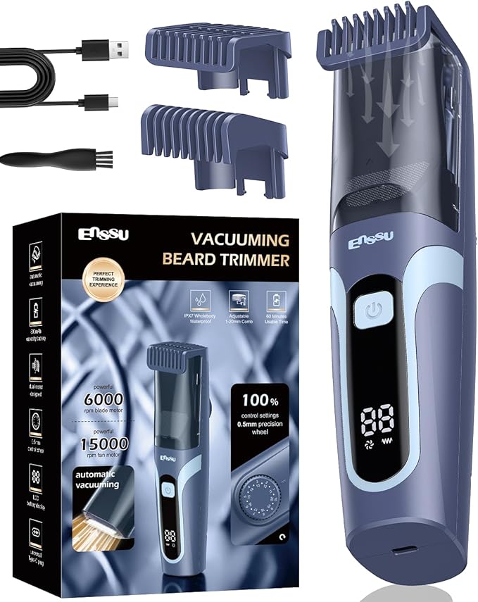 ENNSU Beard Trimmer for Men Auto-Vaccum, Rechargeable Electric Men Beard Trimmers with 2 Combs, 1-20mm Adjustable Length Dial, Waterproof Cordless Mustache Trimmer for Face, Stubble, Blue