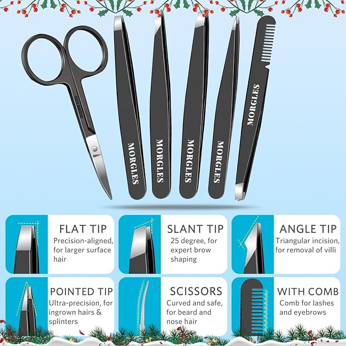 MORGLES Tweezers Set and Nail Clippers, 9 Pcs Stainless Steel Tweezers Kit for Men Professional Manicure Set for Men Grooming Kit With Leather Travel Case