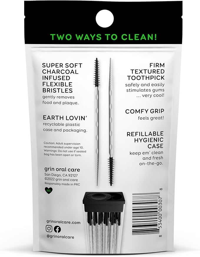 Grin Charcoal Infused Softstx, Gentle Dental Picks, 90 Count, Soft Flexible Bristles, Textured Plaque Removing Toothpick, Minty Flavor, for Between Teeth, Refillable Hygienic Case