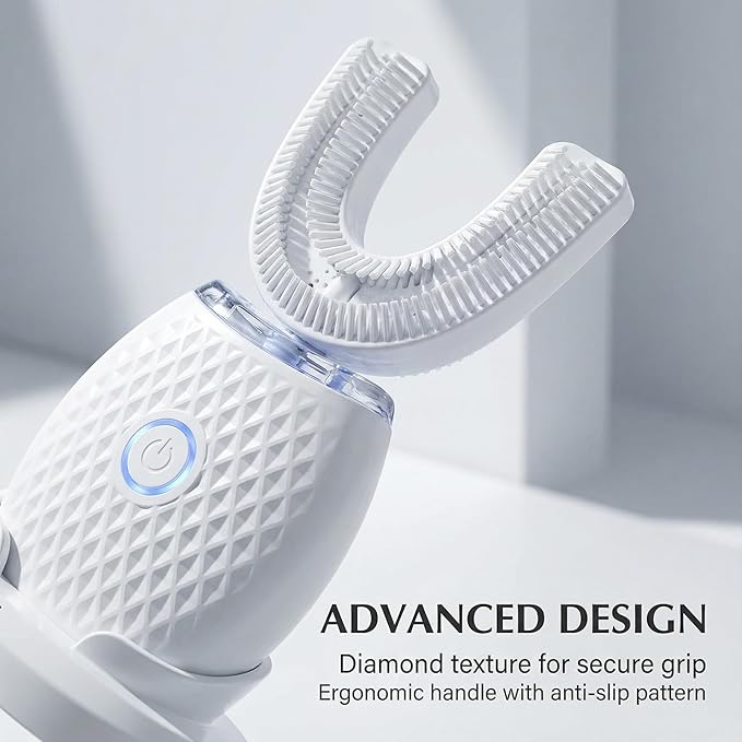U-Shaped Electric Toothbrush for Adults, Hands-Free Auto Teeth Cleaner with 360° Ultrasonic & Foam Mousse, 4 Brush Heads, LED Light & Charging Base Kit (White)