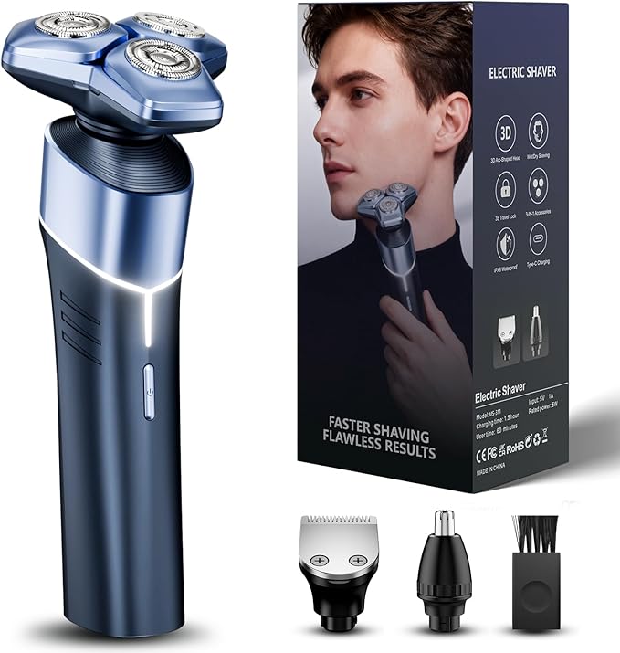 Electric Razor for Men: 3-in-1 Shaver with Hair Clipper and Nose Hair Trimmer, 10000 RPM High Speed Motor, 3D Floating Heads, USB-C Fast Charging, IPX8 Waterproof, Travel Lock, Glossy Blue