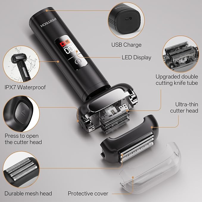 PRITECH Electric Foil Shaver for Men, Electric Razor for Men Face, Skin-Friendly Design, Wet & Dry Waterproof, Easy Clean, Rechargeable LED Display (Black)