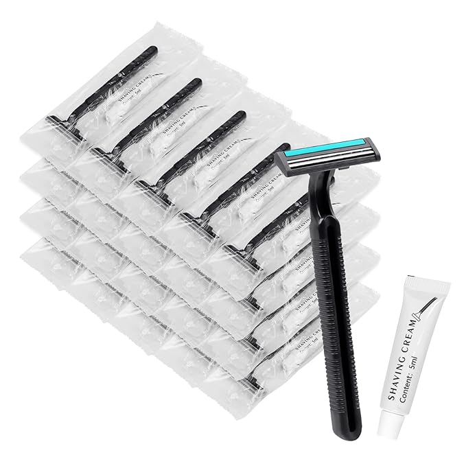 Disposable Razors in Bulk, Bulk Razors with Knife Cap, Black, Individually Packaged Disposable Razors Bulk with Shaving Cream for Hotels, Nursing Homes, Shelters, Homeless, Charities (pack-30)