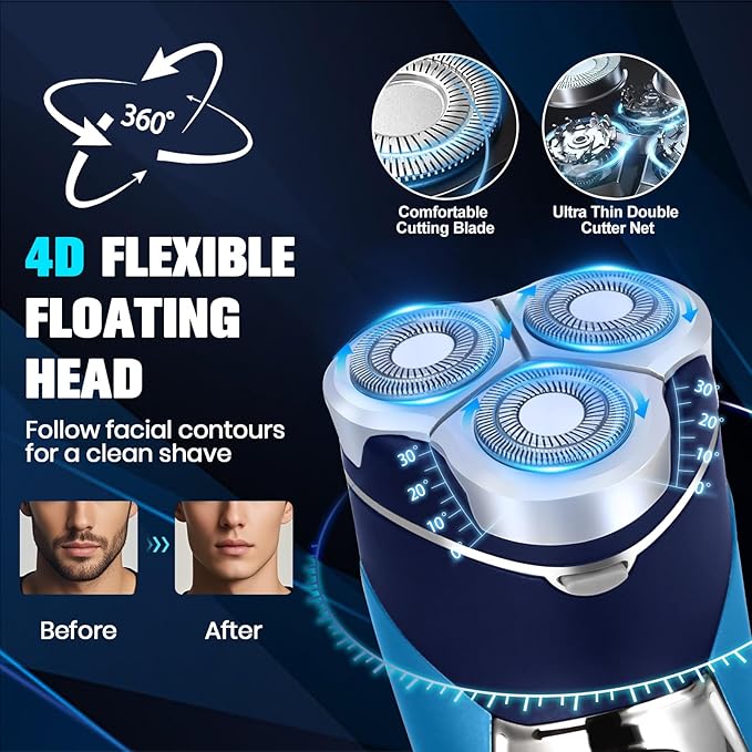 Sakioo Electric Shaver for Men, IPX7 Waterproof Washable, Pop-Up Trimmer, 360° Floating Head, Type-C Fast Charging LED Display, Cordless Wet/Dry Use, Sensitive Skin Friendly, Ideal Travel Gift for Men
