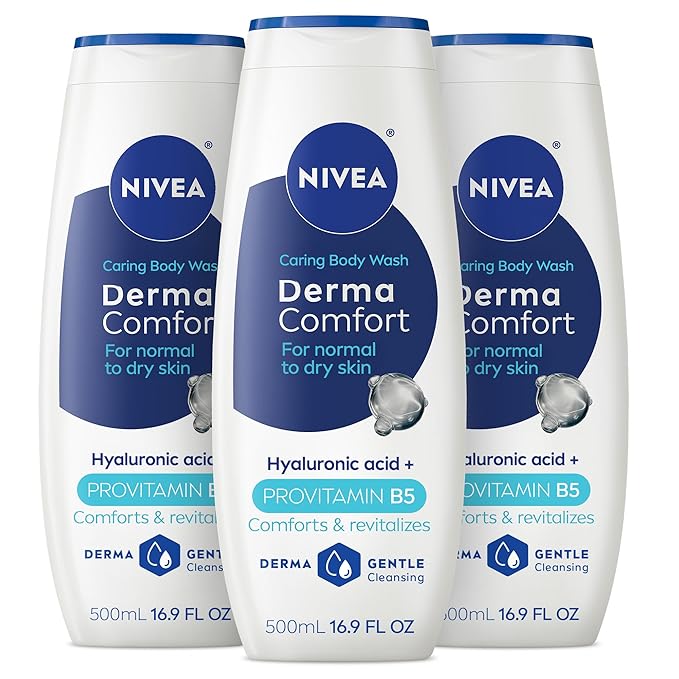 NIVEA Derma Comfort Caring Body Wash for Normal to Dry Skin, Body Wash with Hyaluronic Acid and Provitamin B5, 16.9 Fl Oz Bottle, Pack of 3