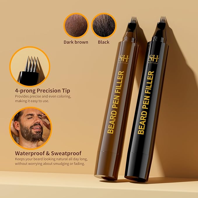 Sevich Beard Pen Filler for Men,Instant Beard Dye for Men,48h Waterproof & Sweatproof, 4-Prong Tip for Seamless Application, Enhances All Beard Types with Fuller, Dark Brown