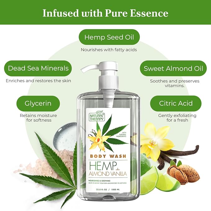 Natural Therapy Body Wash for Women and Men with Hemp & Vanilla Oils - Shower Gel Cleanses and Moisturizing Skin - With Dead Sea Minerals Nourish for Body, Pack of 2 (67.6 fl.oz)