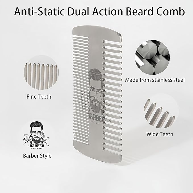 Metal Beard Mustache Comb for Men - Anti-Static Dual Action - Credit Card Size Stainless Steel EDC Comb, Lice Wallet Pocket, Fine Cutting Teasing Barber Hair Styling - Silver