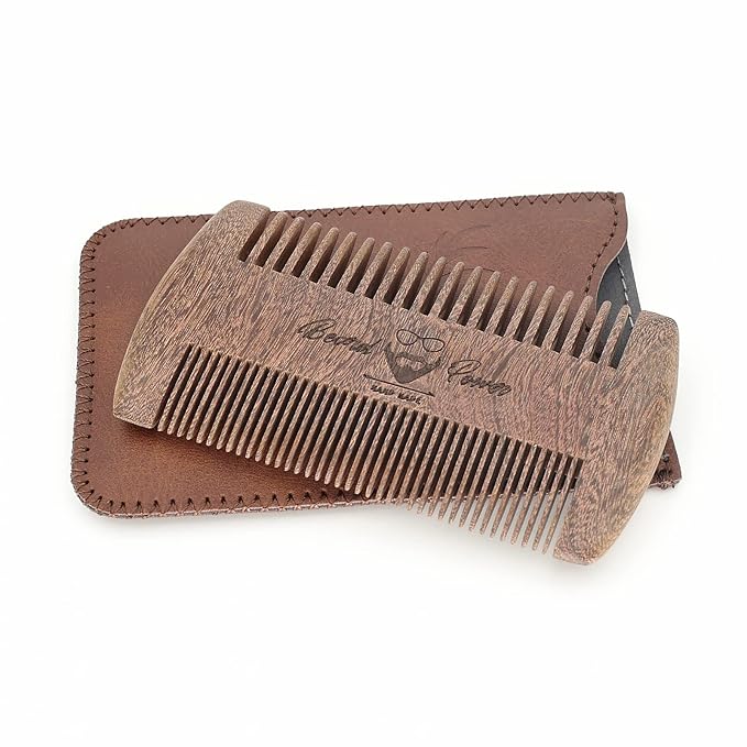 Sandalwood Beard Comb with Case - Fine & Coarse Teeth, Wooden Pocket Comb for Beards, Mustaches & Hair, Brown Skull Design