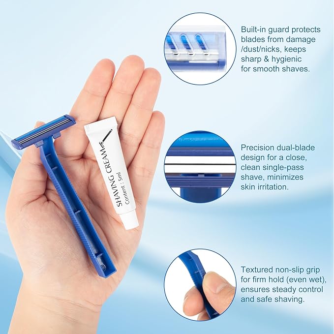 Disposable Razors Bulk, Razors Individually Wrapped Bulk With Shaving Cream, For Hotels, Shelters, Homeless, Nursing Homes, Charities, Churches, Blue (100-PACK)