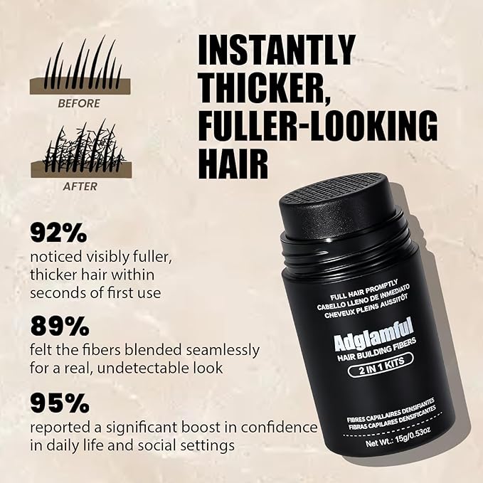 Hair Building Fibers Set, 15g x 2 Bottles with Press Applicator, Lightweight Fiber Powder for Thinning Areas, Natural Volume, Travel-Friendly Kit, Black