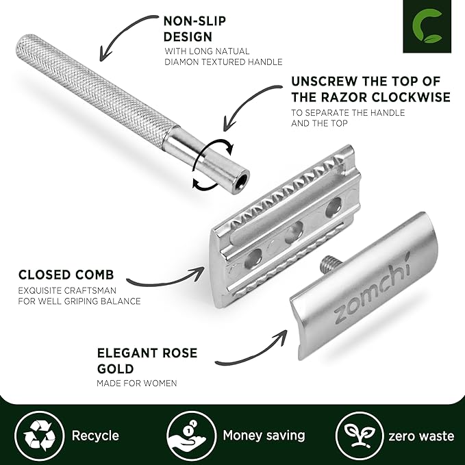 ZOMCHI Double Edge Safety Razor for Men with Stand, Reusable Metal Razor with 10 Double Edge Blades, Single Blade Razors for Men & Women – Silver