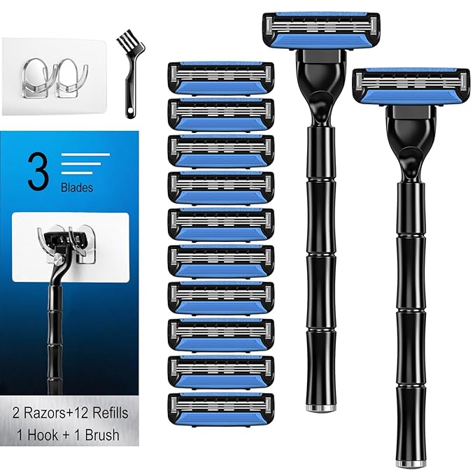 3-Blade Men Razor with Lubricating Strip & Pivoting Head - Safety Razor Blades Kit Includes 2 Handles, 12 Razor Blade Refills, Wall Hook & Cleaning Brush