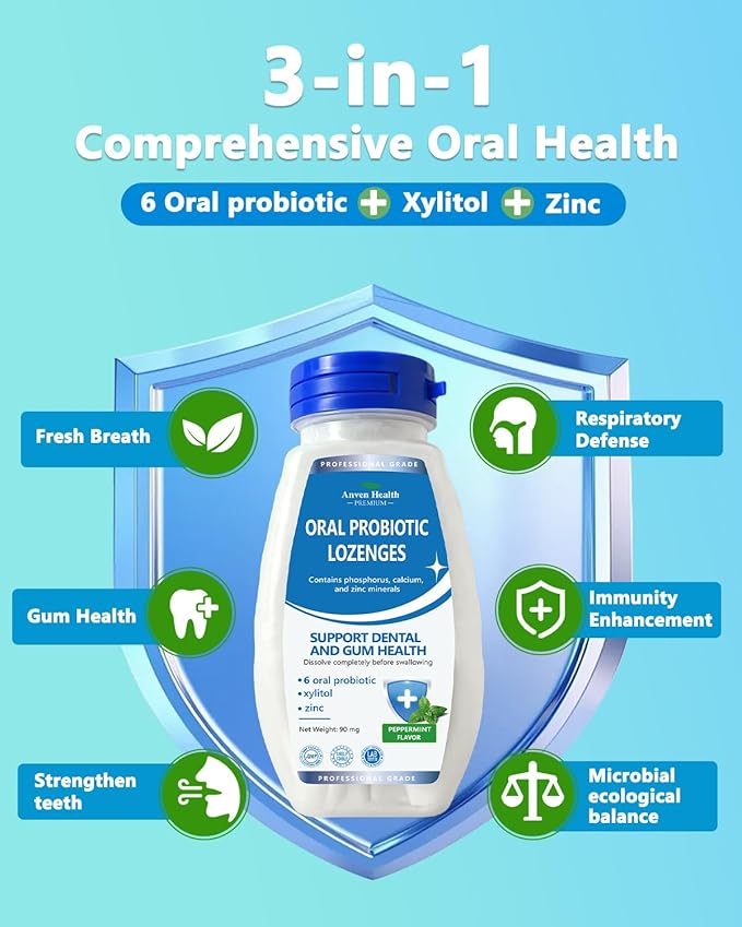 Oral Probiotics Lozenges for Mouth Bad Breath & Gum Repair - Mineral Fusion with Zinc + Calcium for Dry Mouth Relief, Enamel Shield, Mint Flavor with Xylitol - 180 Lozenges, Sugar-free