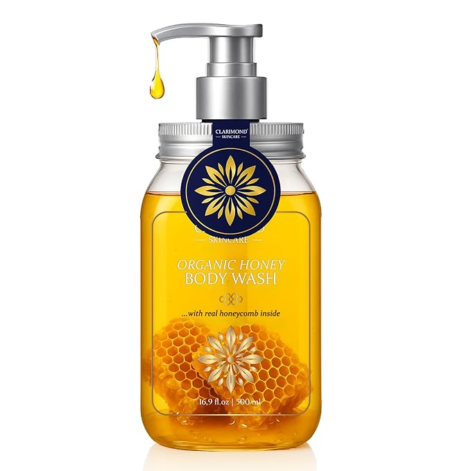 Organic Honey Body Wash – Honey Shower Gel w/Royal Jelly, Propolis & Real Honeycomb – Body Wash for Dry & Sensitive Skin – 16.9 fl oz / 500 ml Pump Bottle, Paraben & Sulfate Free