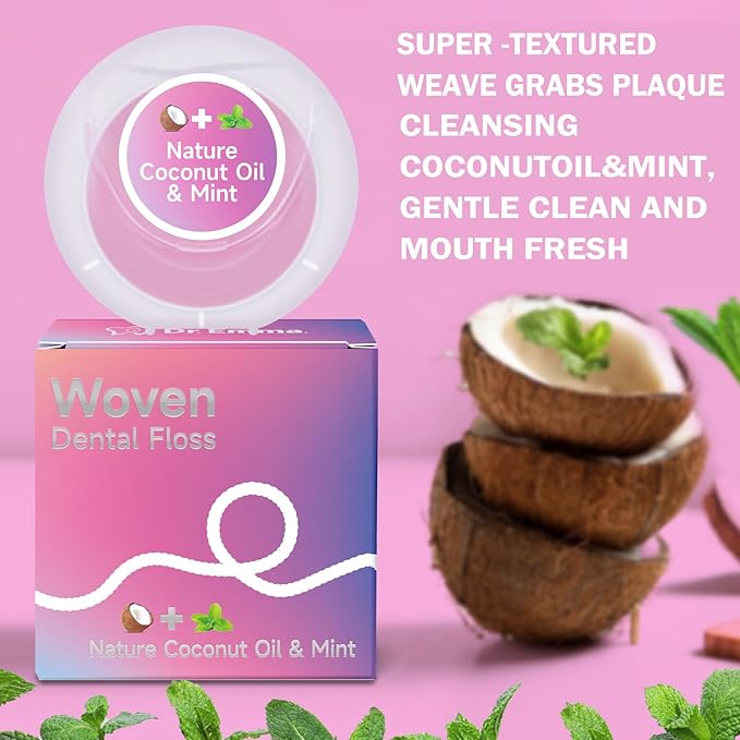 Dr. Emma Woven Dental Floss Coconut Oil Infused Expanding Dental Floss, Oral Care Stretchable Floss, Mint 33yd Pink, Pack of 2