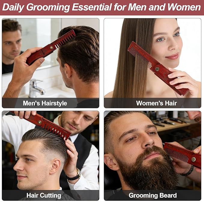 2 In 1 Folding Pocket Comb - Wooden Beard & Hair Styling Tool for Men, Fine Tooth & Wide Tooth Small Comb for Grooming Hair, Beards and Mustache, 180° Rotatable for Outdoor Travel & Home Use