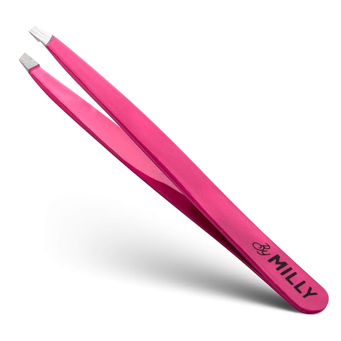 Professional Slanted Tweezers for Women and Men | High Carbon Stainless Steel Sharp Tweezer | Tweezers for Women Facial Hair Plucking, Hand-Filed & Aligned Precision Slant Tips - Pink