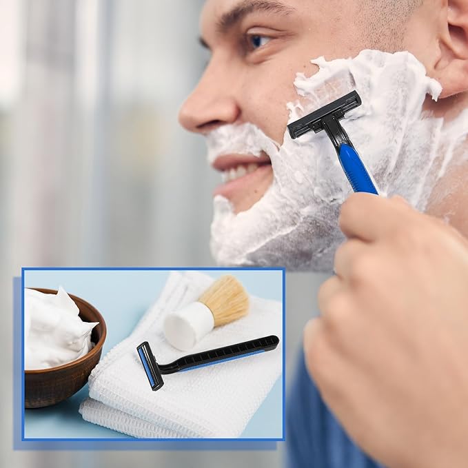 120 Pack Disposable Twin Blade Razors Individually Wrapped, Clear Safety Cap， Multipurpose Portable Shave Razor for Man Woman Bathing Hotel Travel (Blue)