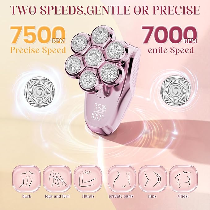 Electric Razors for Women - 7D Electric Shaver for Women, IPX8 Waterproof with USB-C Fast Charge, LED Display, 2 Speeds & Magnetic Heads, Valentines Day Gifts for her