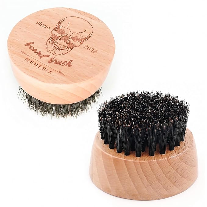 Small and Round Beard Brush, Pocket Travel Men's Wooden Boar Bristle Hair Beard Mustache Brush for Men (Skull)