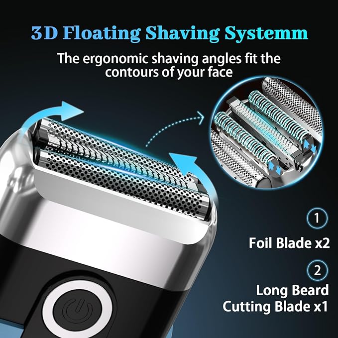 Electric Foil Shaver for Men: Mini Electric Razor for Face/Beard - 3 Floating Blades Cordless Razor with LED Display - IPX7 Waterproof Wet Dry Shaving for Travel & Home, USB Type C
