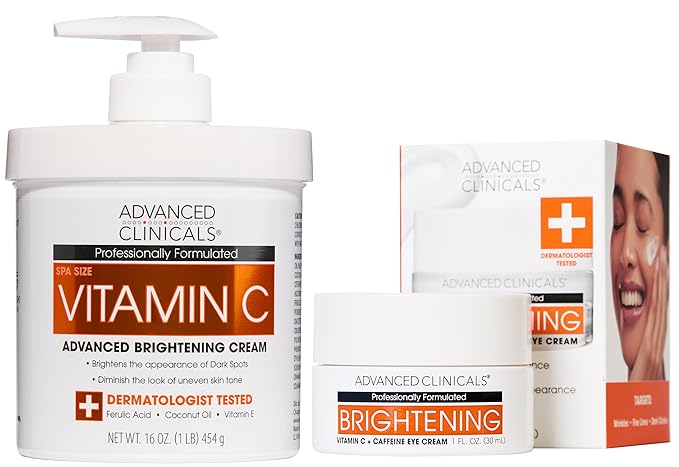 Advanced Clinicals Brightening Vitamin C Body Cream Lotion + Vitamin C & Caffeine Eye Cream Face Moisturizer Skin Care Set For Women, Men, & Dark Spots, 2pc Bundle