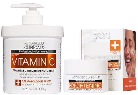 Advanced Clinicals Brightening Vitamin C Body Cream Lotion + Vitamin C & Caffeine Eye Cream Face Moisturizer Skin Care Set For Women, Men, & Dark Spots, 2pc Bundle