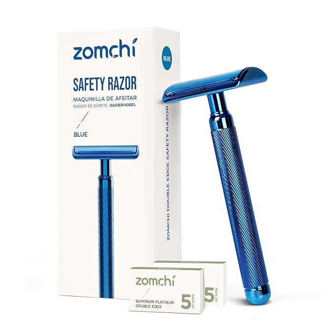 ZOMCHI Double Edge Safety Razor for Men & Women, [New Version 2.0 ] Metal Razor with 10 Double Edge Safety Razor Blades, Single Blade Razor – Noble Blue