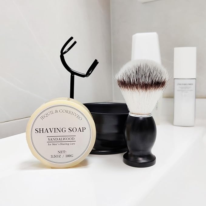 JEQUIL&CORENVEO Shaving Brush Set for Men, 4pcs Synthetic Shaving Brush with Shaving Soap, Stand and Shaving Bowl
