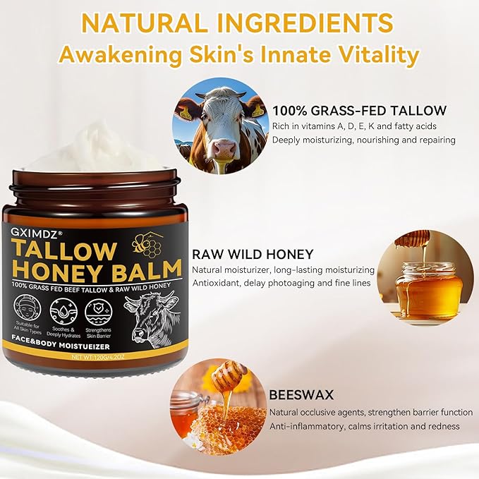 Beef Tallow for Skin, Tallow and Honey Balm, Grass-Fed Beef Tallow Moisturizer for Face & Body with Raw Honey & Beeswax, 4.2 Fl Oz
