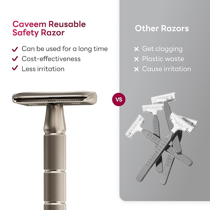Double-Edge Safety Razor, Single-Blade Razors with 5 Stainless Steel Razor Blades for Men and Women, Reusable Metal Razor – Champagne Matt