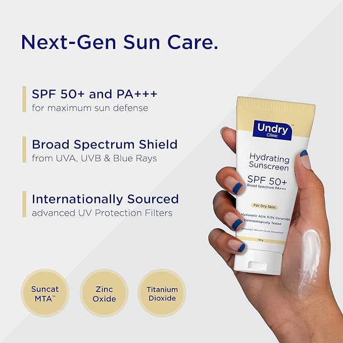Hydrating Sunscreen for Dry Skin Lightweight, Photostable Sunscreen SPF 50 Broad Spectrum Sun Screen Protector SPF 50 Sunscreen Sun Cream with HA & Ceramide (50gm/1.7 Oz)