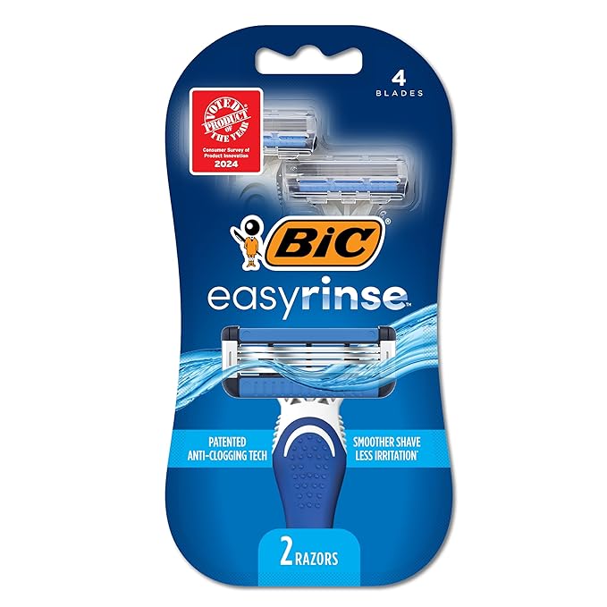 BIC EasyRinse Anti-Clogging Men's Disposable Razors for a Smoother Shave With Less Irritation, Shaving Razors With 4 Blades, 2 Count