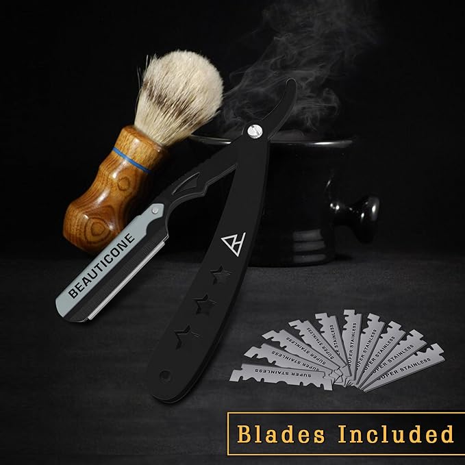 BEAUTICONE Straight Razors for Men, Straight Edge Razor, 100 Single Edge Blades, Stainless Steel, Barber Razor for Men's Shaving, Barber Shaving Knife, Swinglock