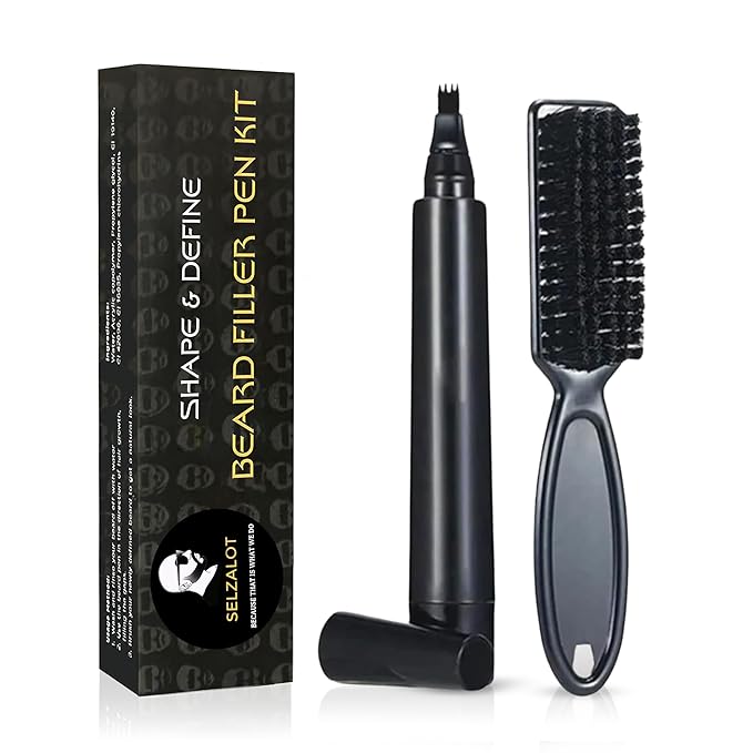 Beard Filler Pen (4-Tip) - Black Beard Pencil Filler for Men Waterproof Patchy Beard Solution - Beard Filler Kit Long Lasting Beard Filling Pen with Brush