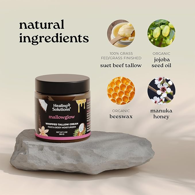 Healing Solutions - Whipped Tallow Balm, Vanilla Coconut Scent, Grass Fed/Grass Finished Beef Tallow with Organic Jojoba & Manuka Honey for Skin, Face & Body, All Natural Moisturizer, Made in USA