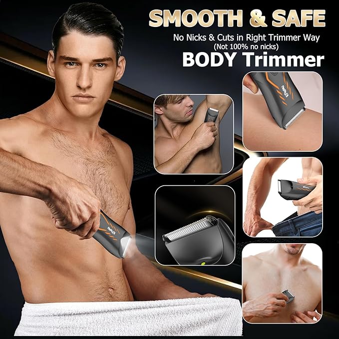 Manscape Body Hair Trimmer for Men, Pubic Groin Hair Trimmer for Men with Safe Blade,Cordless Ball Shaver w/Light, Charging Dock,Waterproof Body Groomer Man,LED Display,1H Charge,Orange