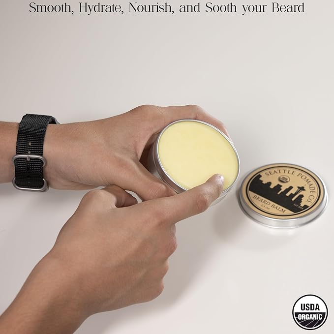 Seattle Pomade Co. Certified Organic Beard Balm made with Organic Beeswax. Strengthens & Softens Beards & Mustaches. Globally sourced certified organic materials.